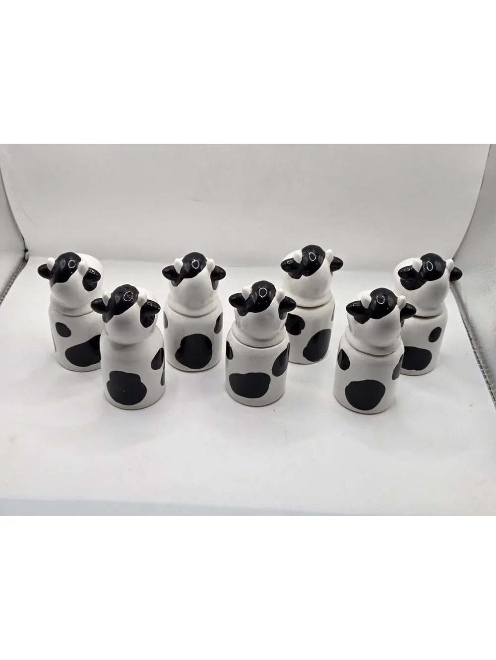 Vtg Ceramic Cow Spice Jars Shakers Set of 7 Black White Country Kitchen AS IS